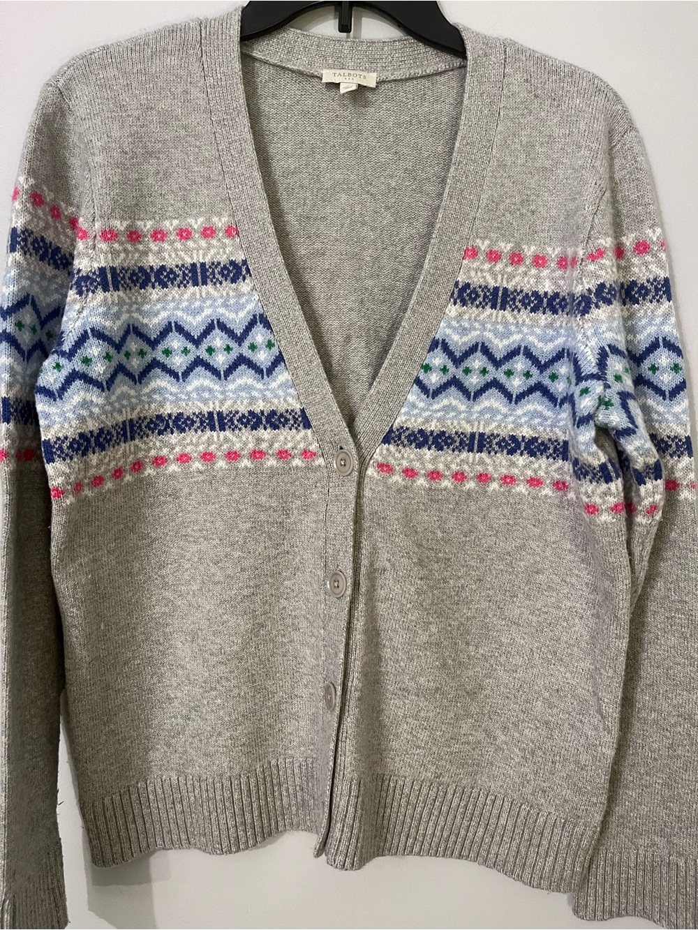 Talbots Light Gray Preppy Fair Isle V-Neck Button Cardigan Size M